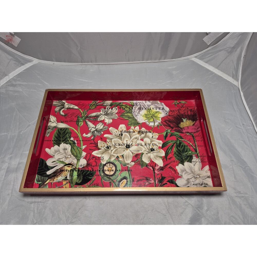 💥 Michel Design Works Flowers Birds Handled Wooden Tray 12.5 x 8 x 1.5" A2